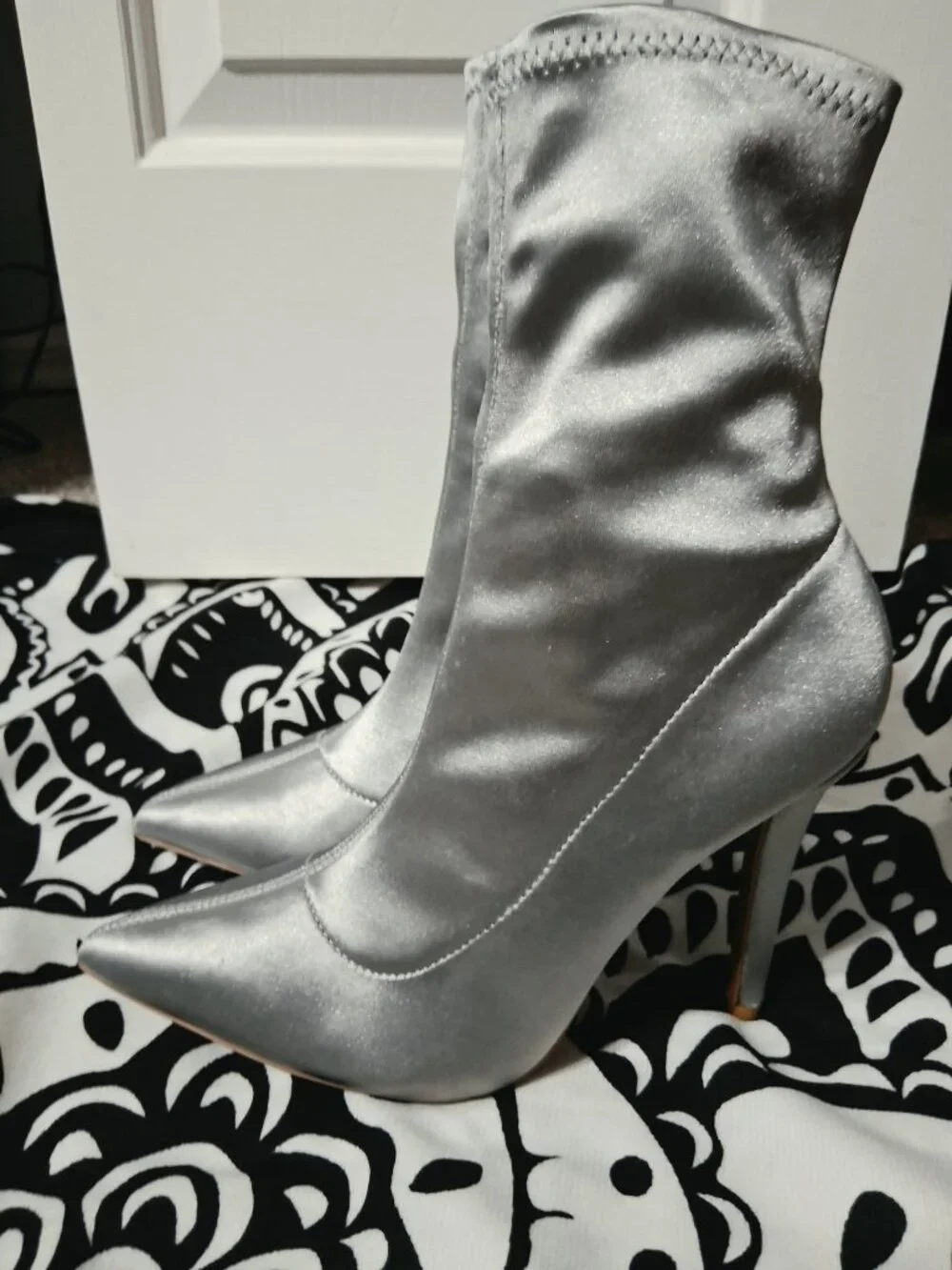 Qupid Silver Stretch Satin Sock Boots Pointed Toe Stiletto Heels